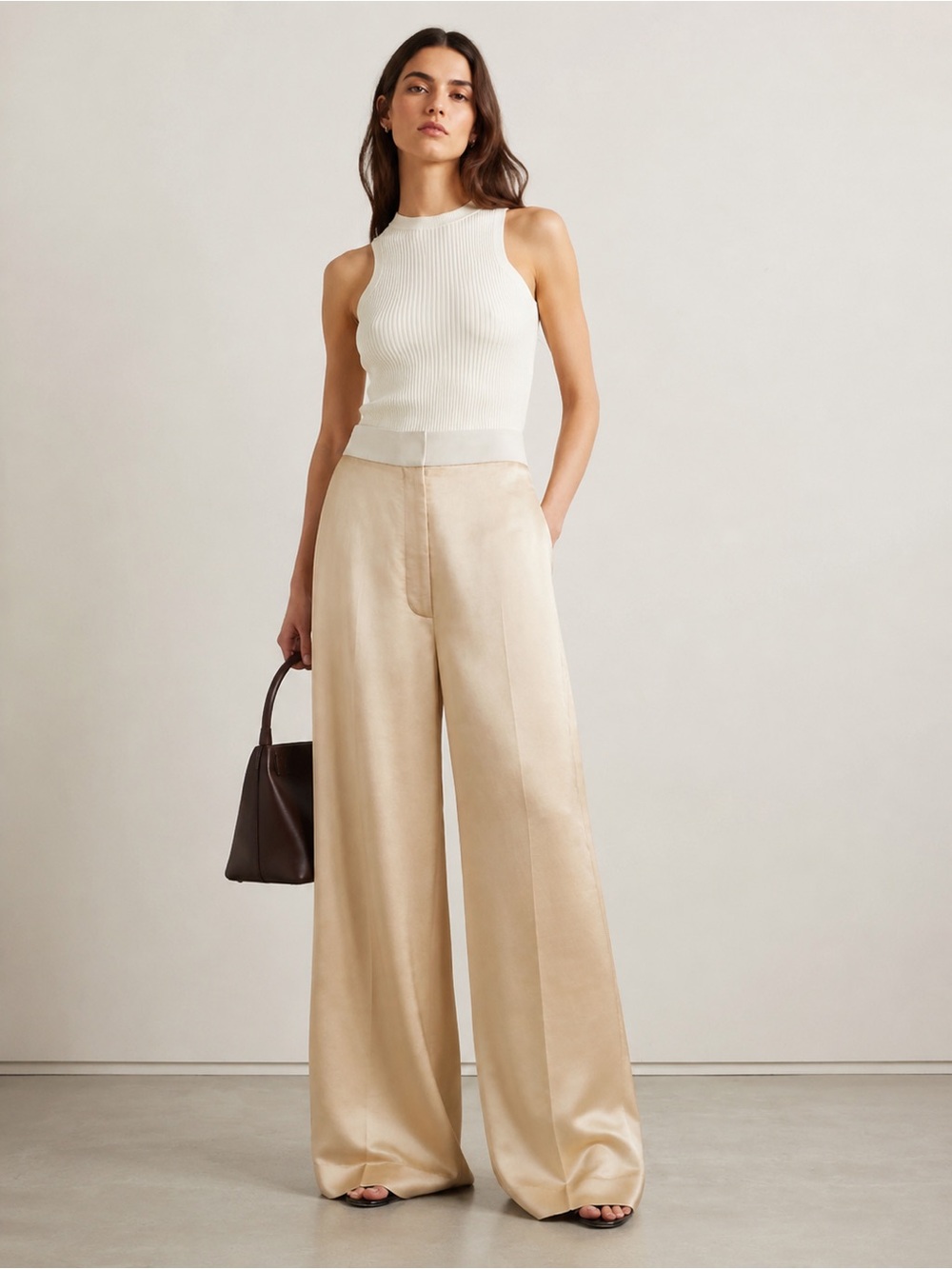 New! KHAITE Banton Satin and Faille Wide-Leg Pants in Cream Beige 🍦 size 2 NWT